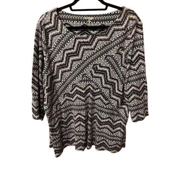 Kim Rogers Navy White Geometric Print Top 1X 100% Cotton Short Sleeve - Picture 1 of 8